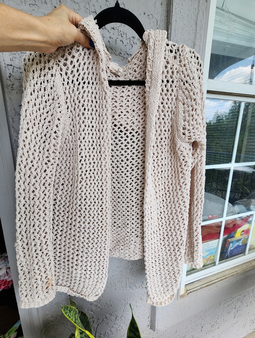 Nicole Miller Artelier Women’s Open-Weave Hooded Cardigan Sweater — Cream